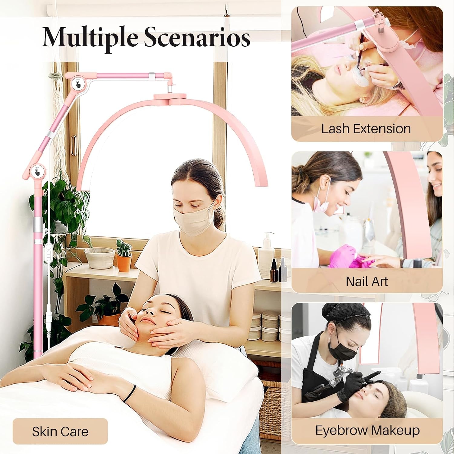 Half Moon Lash Light: 28In Half Moon Lamp for Lash Extensions | 3 Color Dimmable & 360° Rotating Eyelash Lamp for Lash Techs Home Salon with Phone Holder - Pink