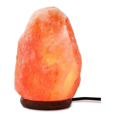 USB-rechargeable Himalayan salt lamp with wooden base.

