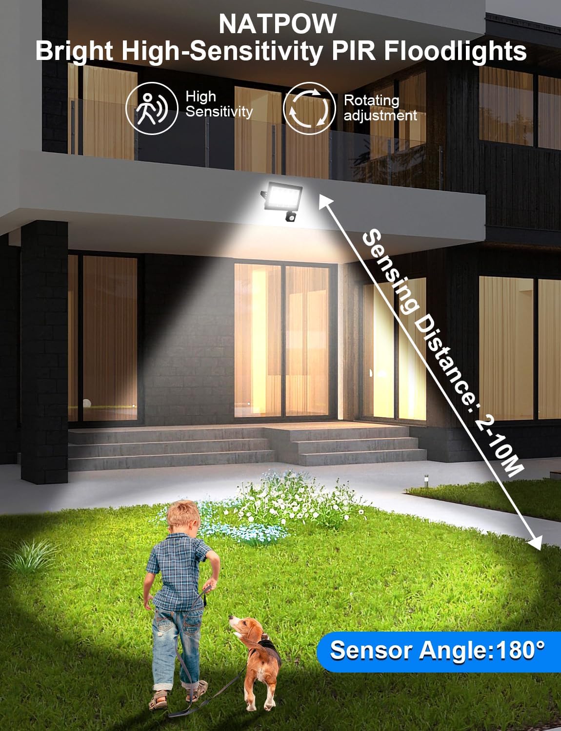  floodlight with child and dog in front of a house, highlighting its high-sensitivity PIR feature.