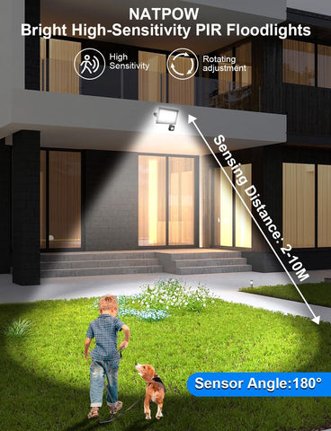  floodlight with child and dog in front of a house, highlighting its high-sensitivity PIR feature.