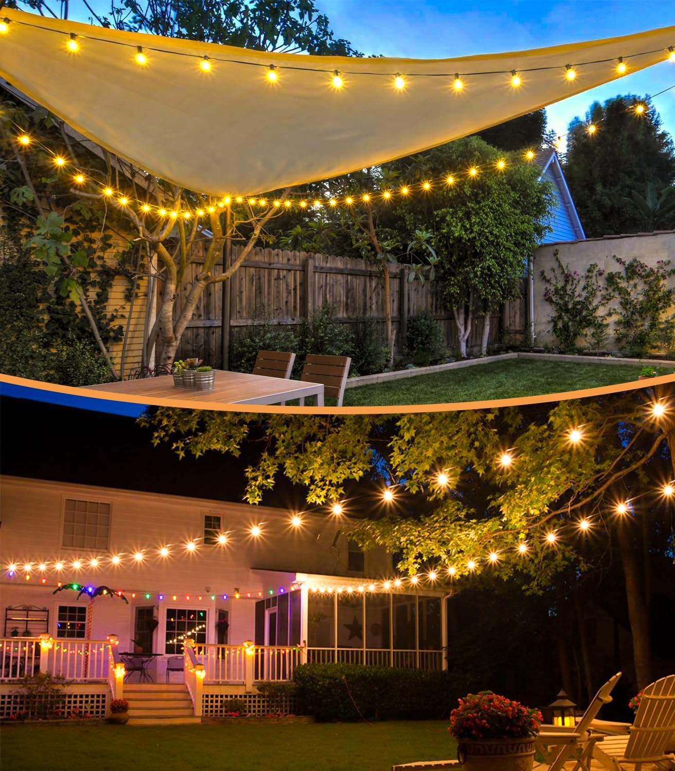 G40 LED bulbs strung across backyard patio creating cozy ambiance

