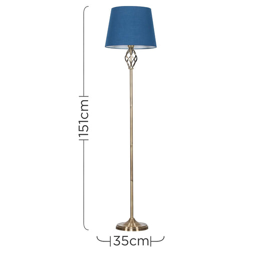 Traditional Style Antique Brass Barley Twist Floor Lamp with a Navy Blue Tapered Light Shade