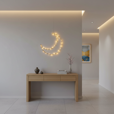 Gold Ramadan Light Up Moon Hanging Decoration – Warm White LED Battery Operated with Timer 30cm