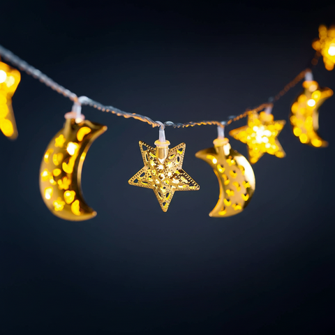 Ramadan Filigree Moon & Star String Lights – 2.25m Warm White LED Lights with Timer, Plug-In Indoor & Outdoor Decor
