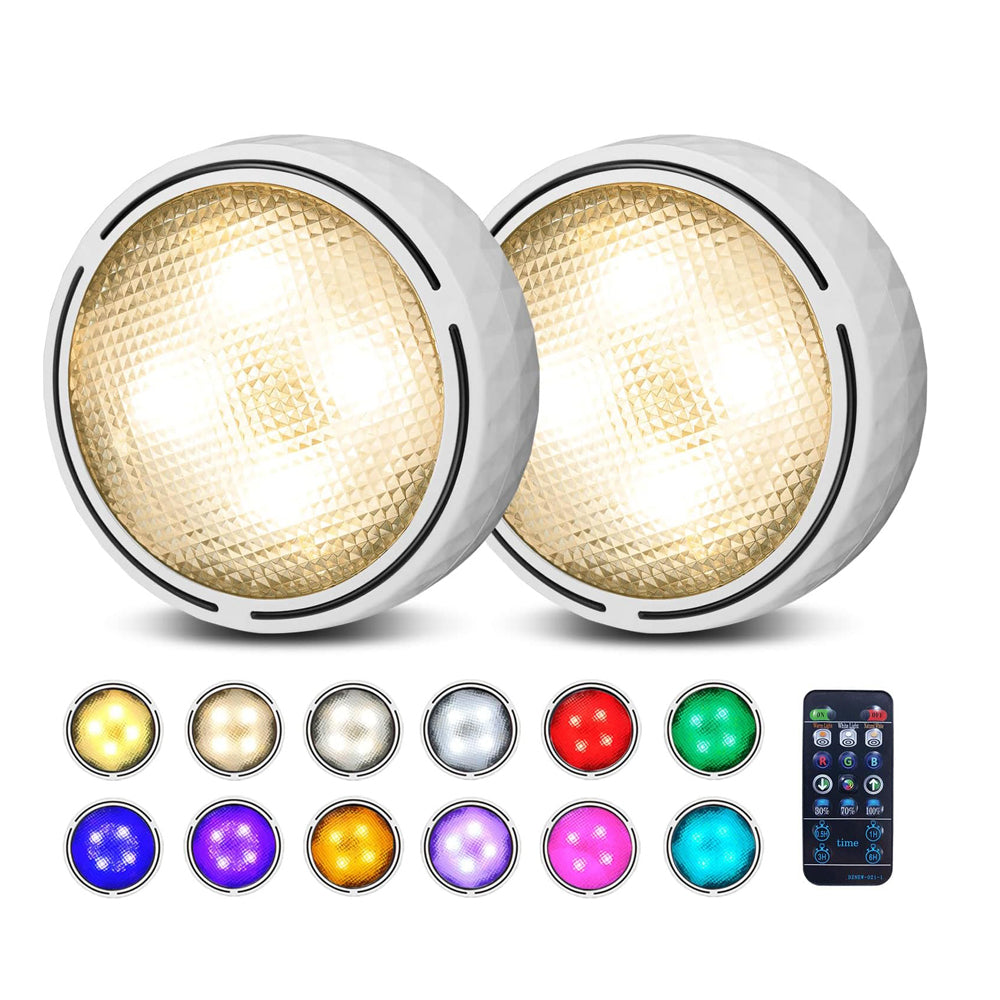 Under Cabinet Kitchen Lights Battery Powered LED Under Cupboard Lights, Stick on Wardrobe Lights Under Counter Lights Remote Control, RGB Puck Lights, 2 Pack