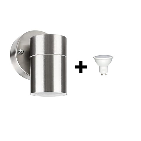 Stainless steel wall light fixture providing bright lighting to a front yard


