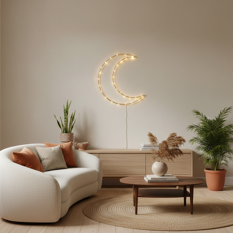 Gold Ramadan Light Up Moon Hanging Decoration – Warm White LED Battery Operated with Timer 30cm