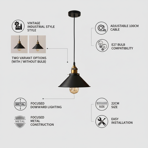Black pendant light with features listed on a white background