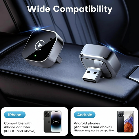 Car charger adapter on a car dashboard with compatibility text and smartphone images.