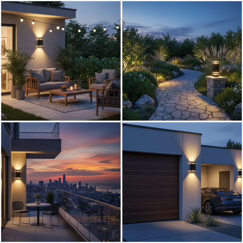 Collage of outdoor lighting scenes including a patio, garden path, cityscape, and garage.
