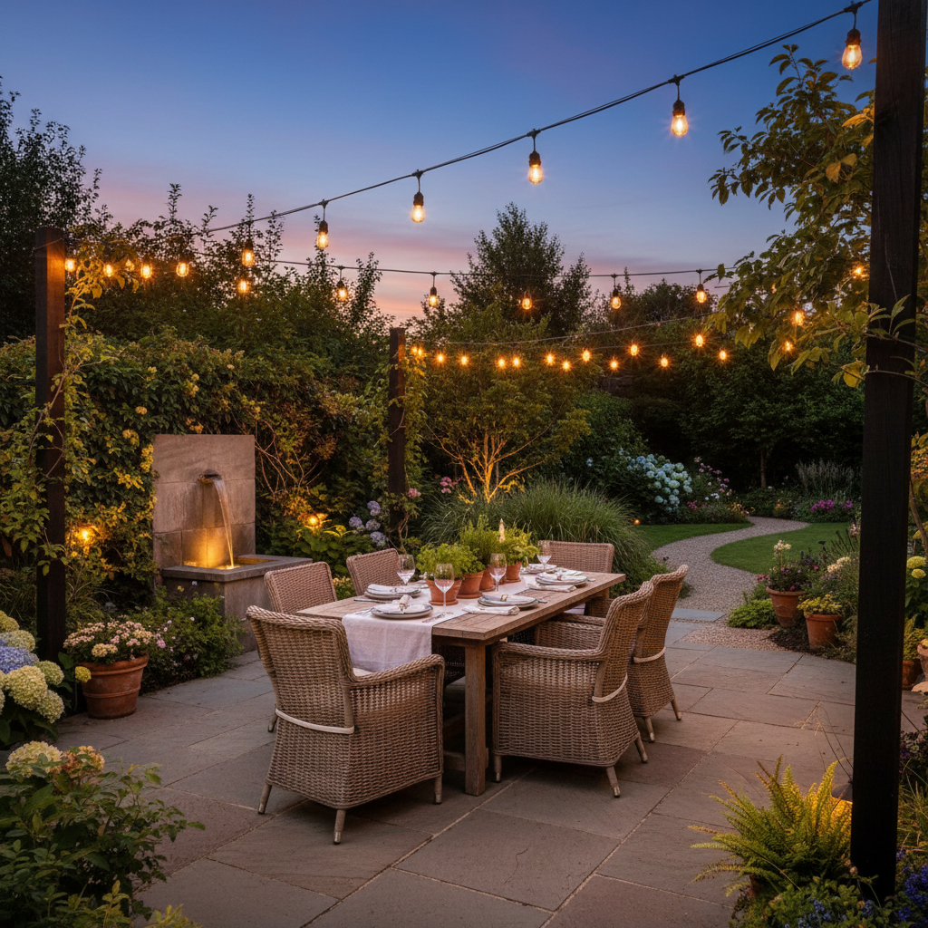 Evening outdoor setting with string lights, table, and chairs in a garden.