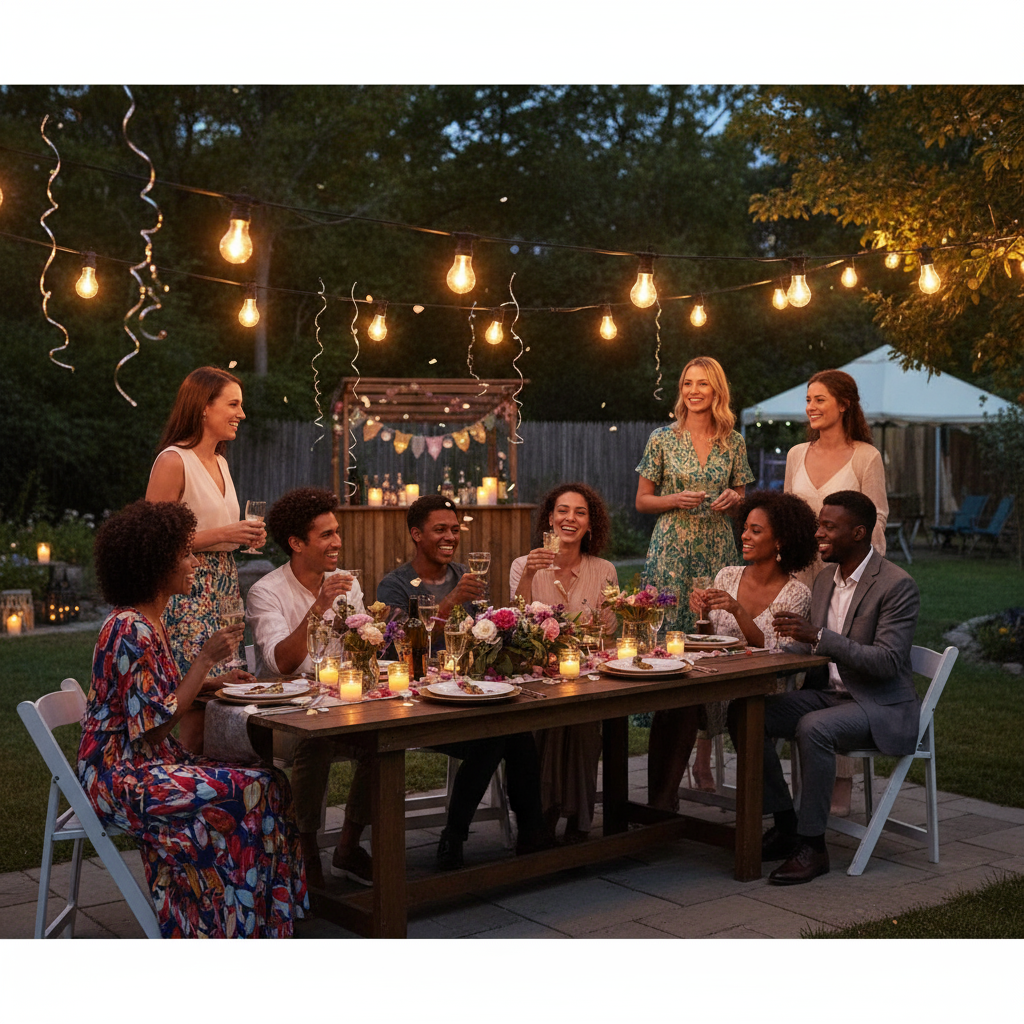 Group of people enjoying a dinner party outdoors with string lights and a wooden table.