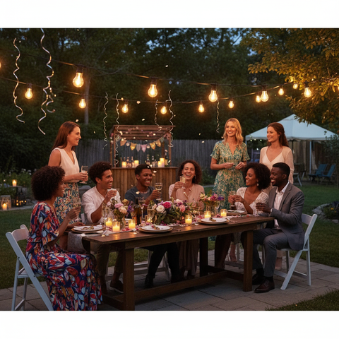 Group of people enjoying a dinner party outdoors with string lights and a wooden table.