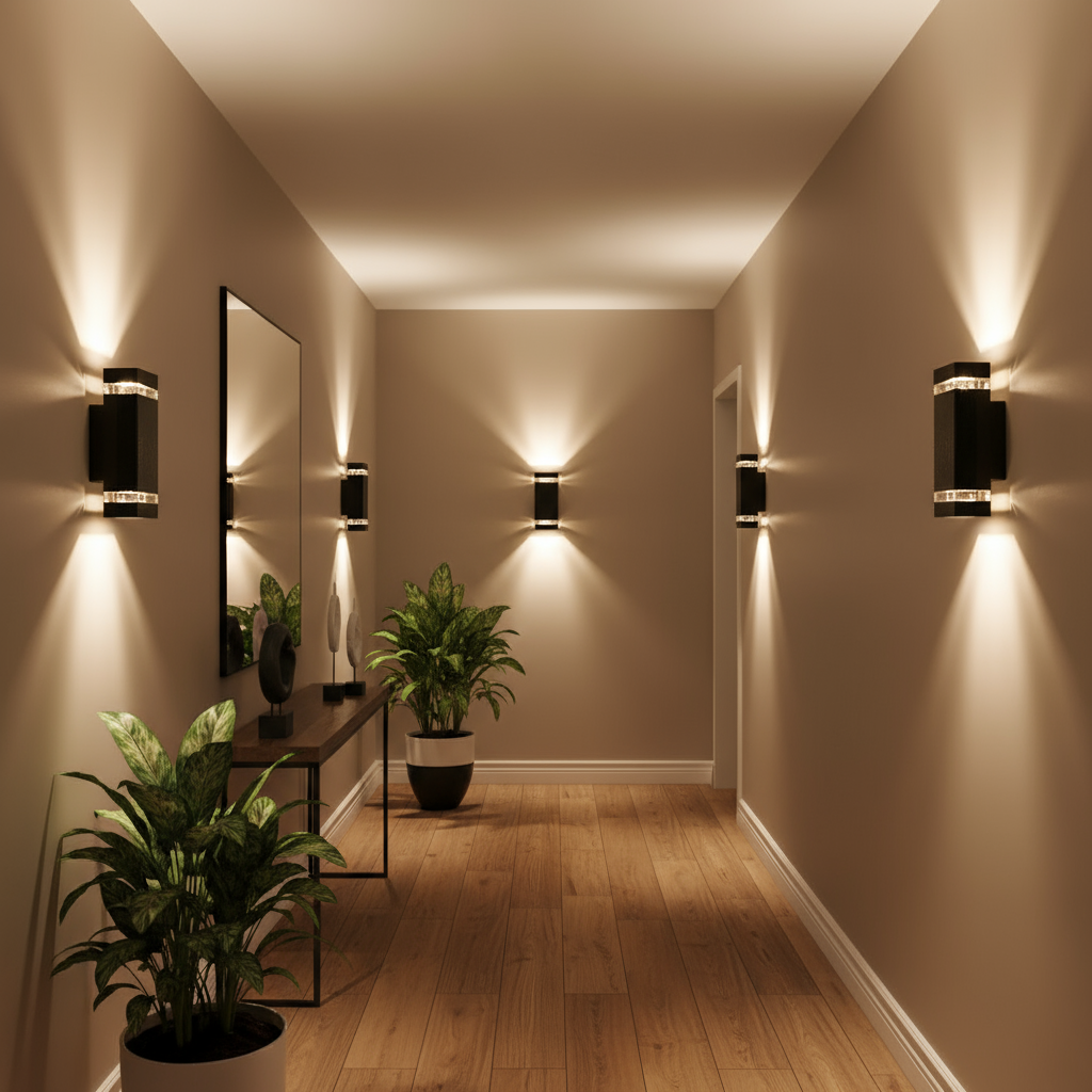 Modern hallway with wall lights, plants, and a mirror.