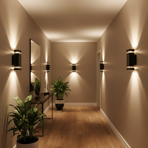 Modern hallway with wall lights, plants, and a mirror.