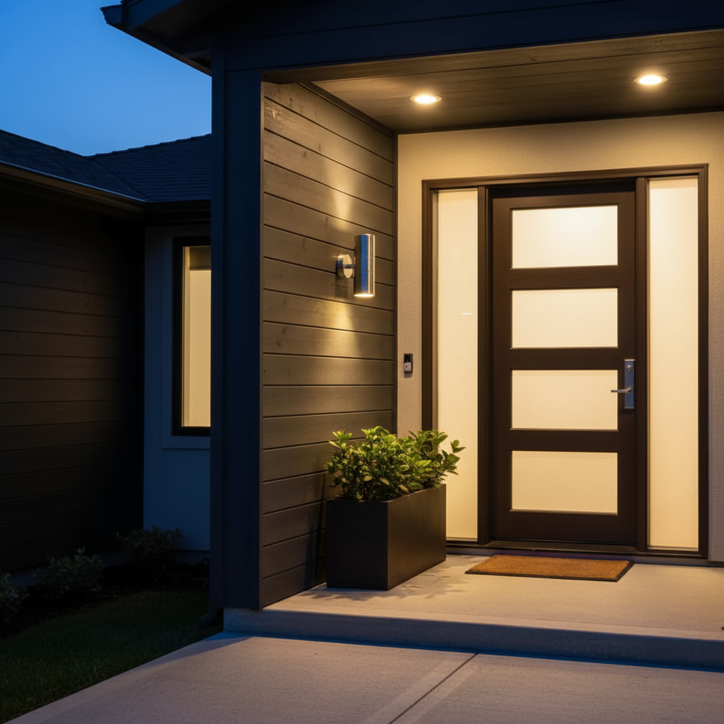 Modern house entrance with a glass door and outdoor lighting at night.
