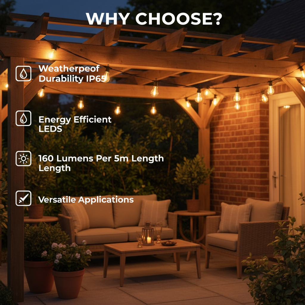 Outdoor patio with pergola lights highlighting features like weatherproof durability and energy efficiency.