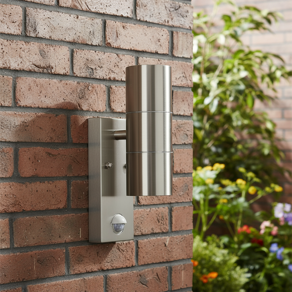 Outdoor wall-mounted light fixture on a brick wall with plants in the background