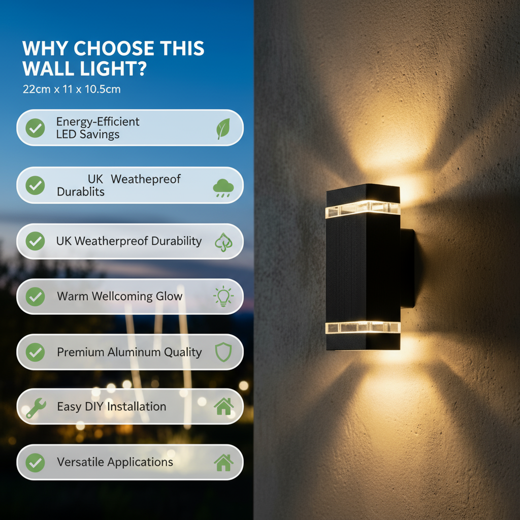 Outdoor wall light fixture with features highlighted on a blurred night scene background