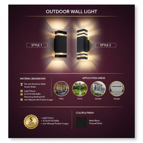 Outdoor wall light with two styles on a dark background, featuring material breakdown, application areas, and warranty information.