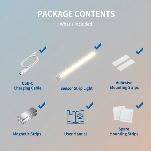 Package contents of a sensor strip light with USB-C charging cable, adhesive mounting strips, magnetic strips, user manual, and spare mounting strips on a gray background.