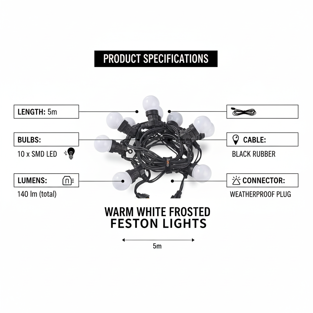Product specifications of warm white frosted festoon lights on a white background