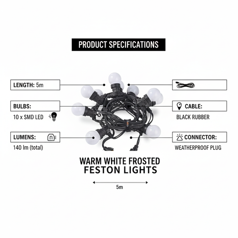Product specifications of warm white frosted festoon lights on a white background