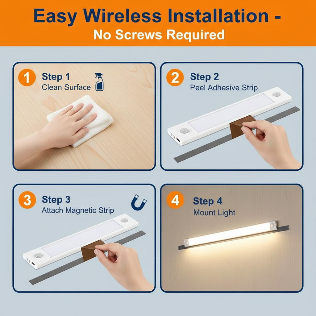 Step-by-step guide for easy wireless installation of a light fixture with no screws required.