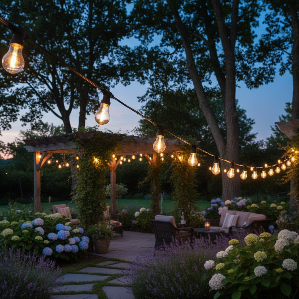 String lights hanging above a garden pathway with flowers and outdoor furniture.