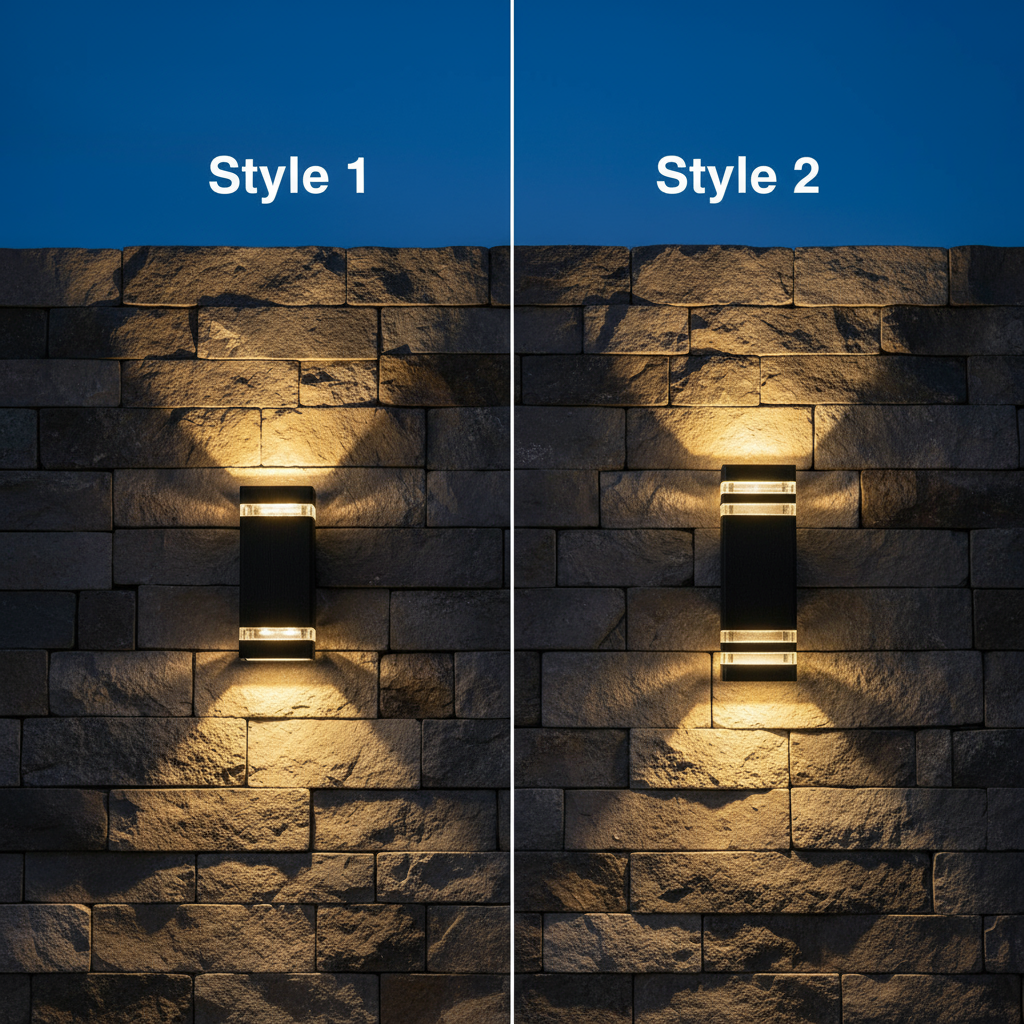 Two styles of outdoor wall lights on a stone wall with a blue sky background.