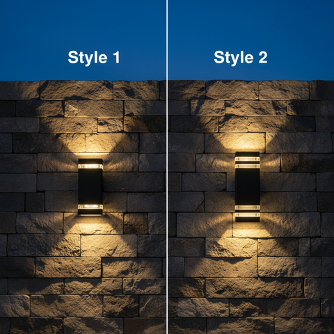 Two styles of outdoor wall lights on a stone wall with a blue sky background.