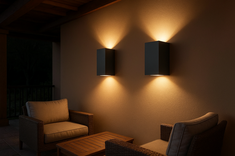 2 x Outdoor Wall Lights – Mains Powered, Black Aluminum Up & Down Sconces