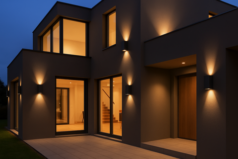 2 x Outdoor Wall Lights – Mains Powered, Black Aluminum Up & Down Sconces