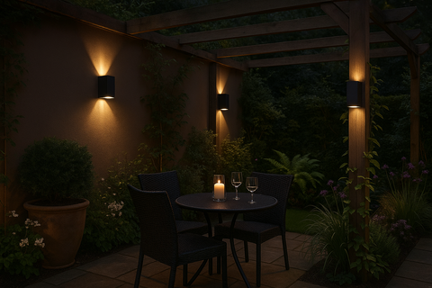 2 x Outdoor Wall Lights – Mains Powered, Black Aluminum Up & Down Sconces