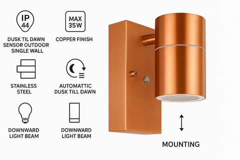 Outdoor Copper Single Wall Light – Stainless Steel Finish – IP44 – 35W Max