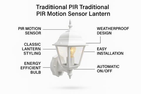 Outdoor PIR Wall Lantern Sensor Light – 4-Sided Motion Security – Black