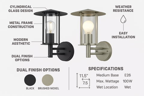 Modern Outdoor IP44 Lantern Style Wall Porch Light – Black or Stainless Steel