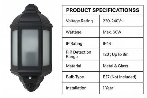 Modern Outdoor Security Bulkhead Wall Light with PIR Sensor