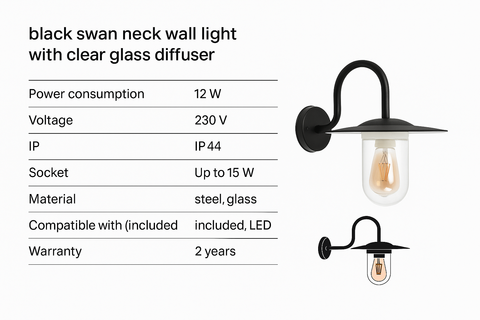 Black Swan Neck with Clear Glass Diffuser – Max 60W E27 – IP44 Rated