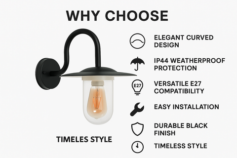 Black Swan Neck with Clear Glass Diffuser – Max 60W E27 – IP44 Rated