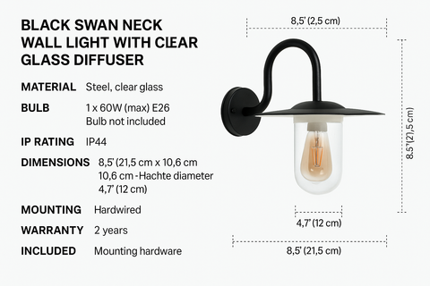 Black Swan Neck with Clear Glass Diffuser – Max 60W E27 – IP44 Rated