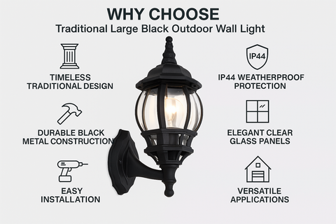 Traditional Large Black Outdoor Wall Light – IP44 Garden Lighting
