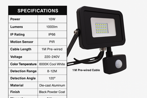 10W PIR Motion Sensor – 1000lm, IP66 Waterproof, Warm White 4000K