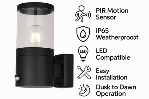 Modern Black Outdoor PIR Motion Sensor Wall Light – IP44