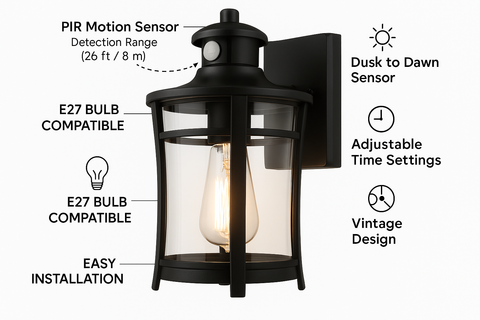 Vintage PIR Motion Sensor Wall Lantern – Black
