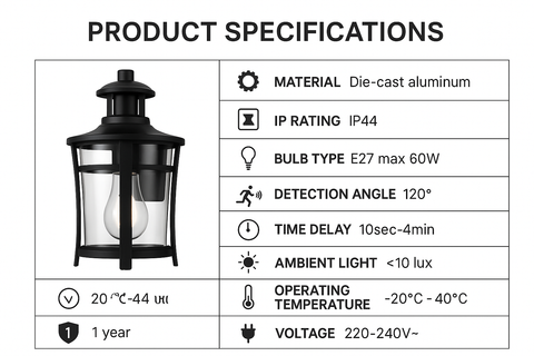Vintage PIR Motion Sensor Wall Lantern – Black