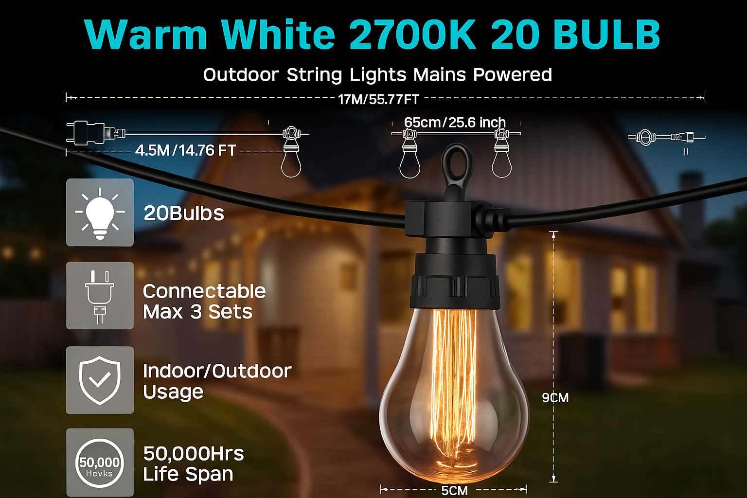 17M Connectable Outdoor Festoon Lights With Remote