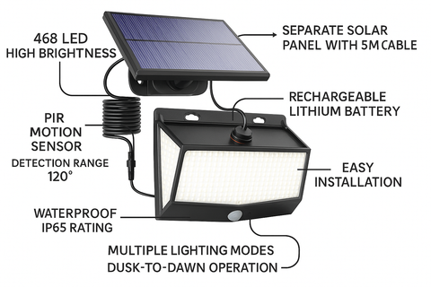 Solar Security Lamp with 468 LED PIR Motion Sensor – Outdoor Wall Light for Garden Shed Security