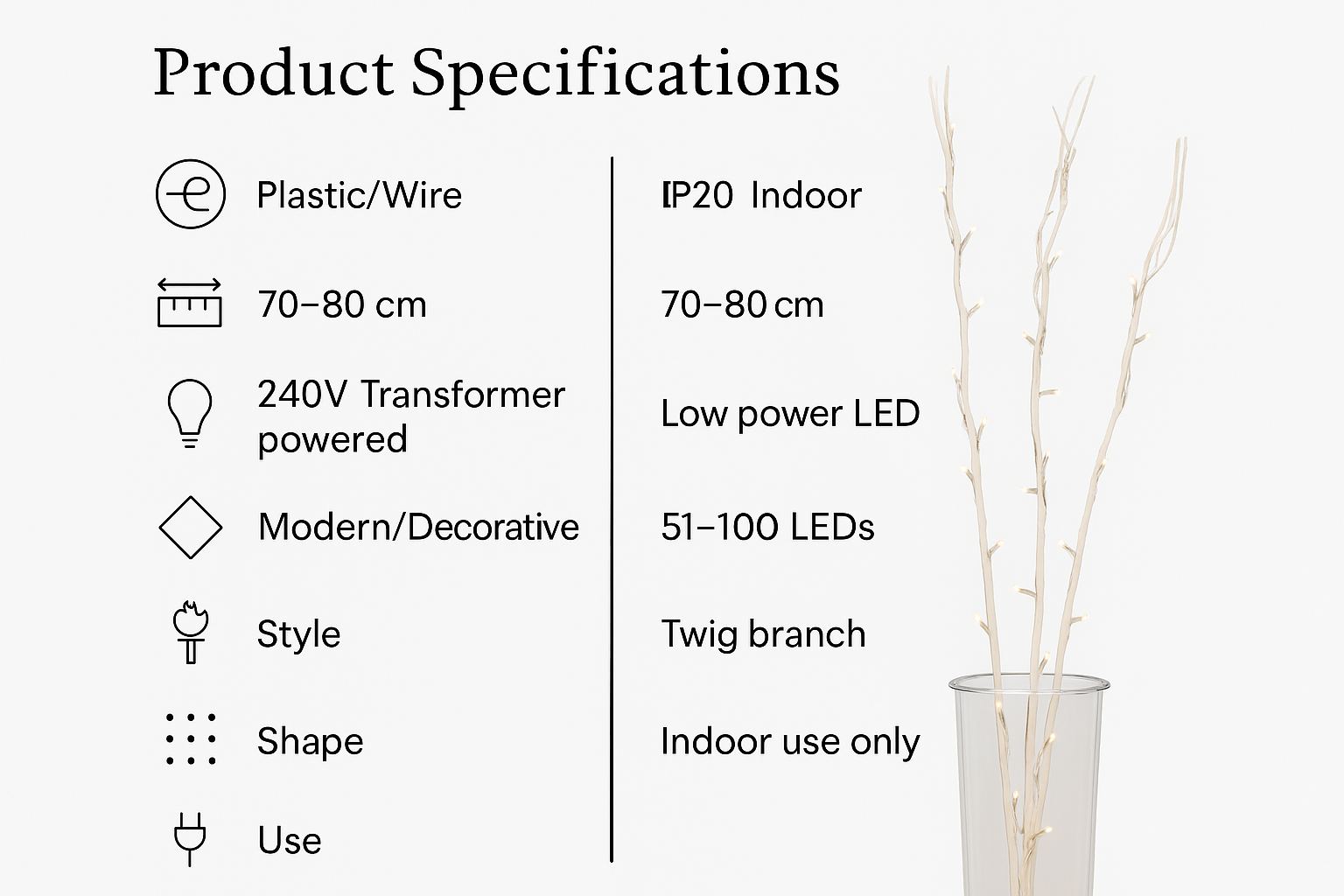 Product specifications for a decorative light with a twig branch design.