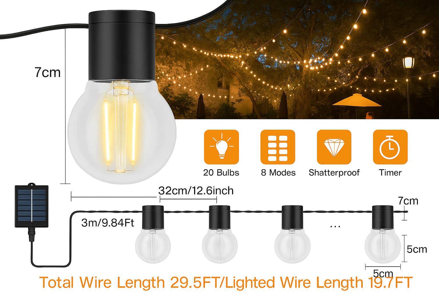 Solar Festoon Lights Outdoor 9M 20 G50 Bulbs – IP65